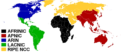 Map of the world showing the territory of the five Regional Internet Registrys